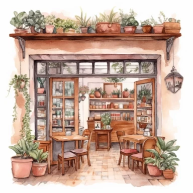 Italian vintage shop clipart, cozy, Watercolor, detailed, interior design, Italian cafe interior clipart, Italian cafe illustration, white background, no caption, no text