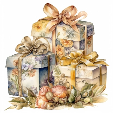 insanely beautiful pile of 3 gift packages , in the style of beatrice potter and jody Bergsma,32k uhd, hand-painted details, pastoral illustrations, amazing colour combinations , aquarellist, hd , white background clipart ,-- no watermark--ar 27:37
