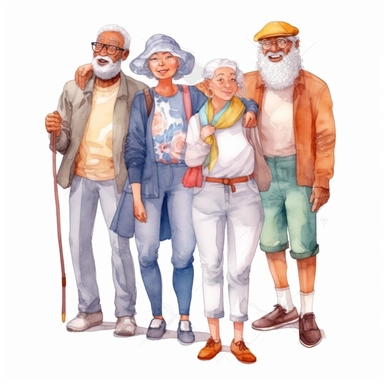 watercolor, Group of friendly diverse people standing together Men and women of various ages posing isolated on white. Happy old and young generations of characters. Social diversity png Full body realistic cartoon in 32K UHD cute. 15 cm thick outline. Black color. There was no shadow on the ground. 8k with realistic watercolors and detailed illustrations. PNG clipart, transparent white background