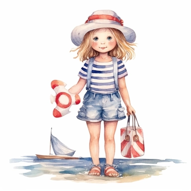 Cute little girl on the beach,dressed in nautical patterns,summer watercolor clipart with white background