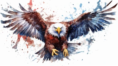Watercolor American eagle, American Flag, double exposure, integrated, red white and blue, unreal engine, splashed, clipart, white background