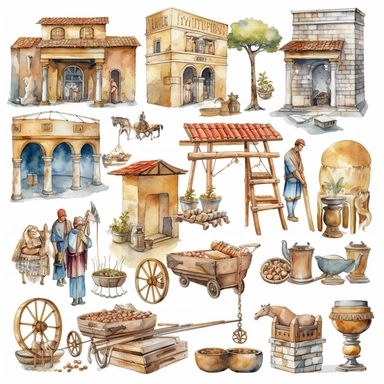 Watercolor roman bazaar with roman people shopping , illustrations clipart set, simple, , cartoon elements, different variants , iron elements, marble elements, separate elements with a margin