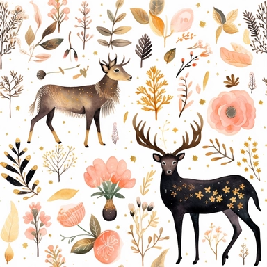 Draw a watercolor-style clip art images that feature objects related to an aesthetic adorned with floral designs. The images should have aesthetic, and should incorporate elements such as watercolor [gold] whimsical and cute illustration in watercolor of a cute deer with black ornaments on the body, in a Scandinavian folk art style with botanical and swirl motifs. light pink gold colors Traditional with a modern twist watercoloritem collection, isolated on a white background, gourmet, classy, si