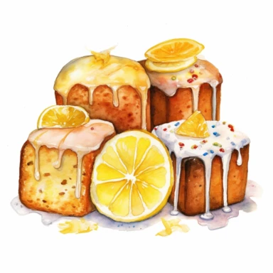 6 watercolour lemon drizzle cake,clip art,HD,on white background Spaced out