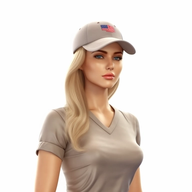 a gorgeous American soldier, her t-shirt and hat represent her flag, Pixar style, vibrant colors, clipart with white background, realistic 3d render video