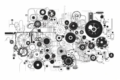 A one line vector of technology, in the style of mechanical animation, clipart, clean look at how technology can make complex things easier to understand, no words, white background