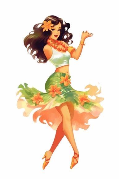 a woman hawaiian doing a luau on a beach, retro cartoon, drawing clipart, Tropical Sublimation, Coconut Girl, Hibiscus, white background