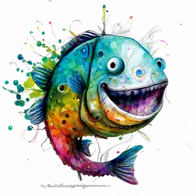 happy colorful big fish with a beautiful smile watching on a big hook and show with eyes that everyone is crazy, CLIPART sticker set, watercolor, ink, ultra-detailed, cartoon style, white background, black outside lines
