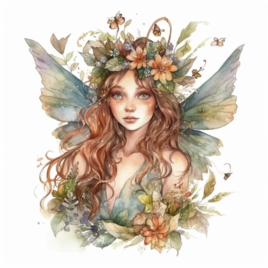 Magical fairy with delicate wings and flower crowns, watercolor clipart, isolated white background, high resolution, very detailed, 32k