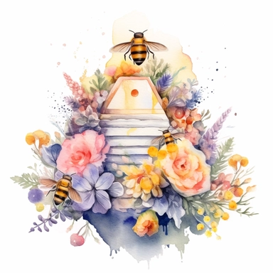elegant stylish beehive with flowers, magical, watercolour illustration. colourful, white background isolated. aquarellist, fantasy, cute, clipart, cottagecore,