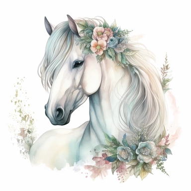 hand drawn white horse, with flowing mane and braids, full body, whimsical, fantasy, in pale shades of blue sage green soft pink and pale yellow, flowers, glamorous, realistic, watercolor, clipart style, white background with margins