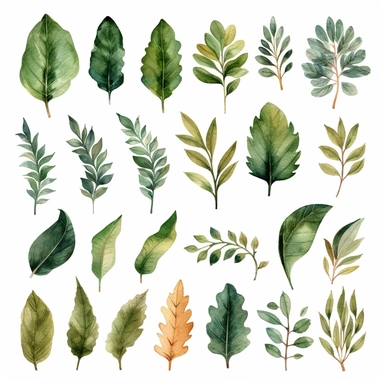 evergreen leaf clipart, watercolor, messy style, dark green, individual design