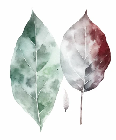 watercolor clipart illustration of a leaf green and grey, in the style of meticulous design, minimalistic serenity, light turquoise and dark white, oil paintings, dark green and light crimson, naturalistic poses, imitated material
