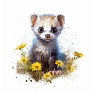 beautiful cute and hapy fantasy baby ferret in nature on a white background, clipart, isolated images, illustrations on a white background, artistic painting, watercolor, realistic, isolated, fussy cuts, highly detailed, 32K, hdr, photo expert quality, watercolor realistic, isolated on a white background, highly detailed and hyperrealistic