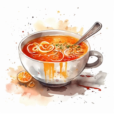 A bowl of soup: Generate a watercolor clipart of a bowl filled with hot soup, such as chicken noodle or tomato. Add ingredients like carrots, onions, and noodles to make the clipart more visually interesting. Use darker colors to create a warm, inviting f