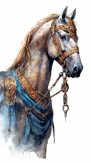 isolated images, illustrations on a white background, realistic medieval horse, only head and neck, knight horse, with highly decorated bridle, Clipart, watercolor, realistic, isolated, full body, long brown blue dress,, highly detailed, hdr, 32K, photo expert quality, watercolor realistic, hyperrealistic and highly detailed, isolated on a white background