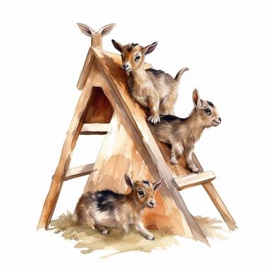 baby dwarf Nigerian goats playing on the A-frame, very detailed and realistic, watercolor, white background with margins, clipart style