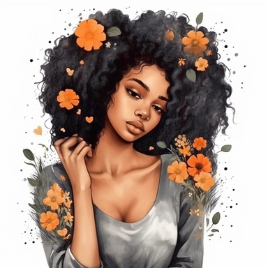 ultra detailed Black Girl Self Love Clipart, solid white background, cozy outfit, beautiful hair, super cute , super hot, self love, peaceful, floral heart, watercolor, floral, contour, PHOTOREALISM portrait , by ANIMATION