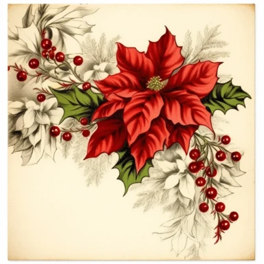 clipart with white background, poinsettias and pine boughs with pretty Christmas bow as a partial page border, clipart, clearly defined separate image, high quality, vintage style--ar3:4-no mockups, watermarks, numbers, writing, letters--q2--v5.1--s1000