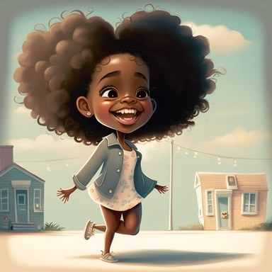 pixar illustration of Sag Harbor town , An illustration of fiver year old light skin happy black girl with curly afro, waving goodbye to Sag harbor Sunset Beach, east hampton , summer vaction, beach town , summer days , muted tones , shy warm heart , pixar , hyper detailed , smooth skin realistic animated — Happy Black Girl Smiling art,black girlsclipart, Funny black girl , Cheerful african american girl child png, clipart, afro ,Full body with legs , Cottage core , preppy , Highly detailed clos
