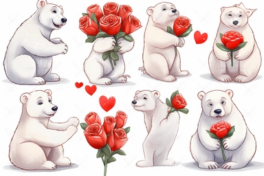 Cute Polar bear in valentine Day clipart, cartoon, white background,