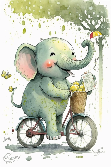 a very cute and happy smiling baby elephant with big eyes riding a bike going on a picnic, Atmosphere: a playful scene that is sure to bring joy to any child's bedroom or nursery, by Mo Willems+Anton Pieck+Atey Ghailan+Richard Scarry+Ashley Wood+James Jean, cartoon, watercolor splashes, Disney Pixar style, pastel colors, as in a children's book, clipart, hd, 16k, 4k, isolated on a white background, white margins,