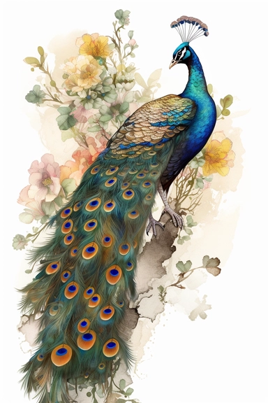 a peacock displaing in the style of James Christensen, summer flowers ,clipart, watercolor style, fantasy, ultra detailed, white plain background, single object, print on demand image, PNG transparent background, white background for removing background, 8k