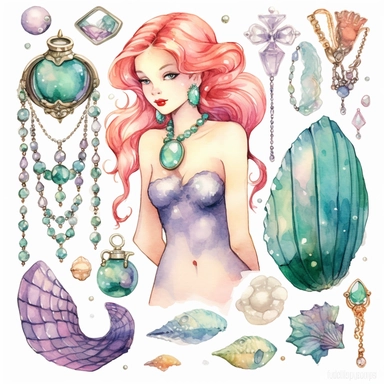 watercolor clipart mermaid clipart , jewels, treasure chest, pearls , shells with pearls, cute fish, seaweed , cartoon detailed