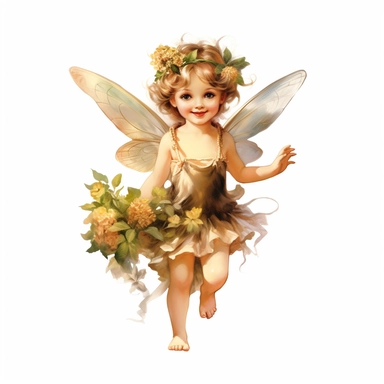 oil painting clip art on isolated white background in the style of Alexandre Cabanel of a cute child summer fairy! The fairy should be wearing a summery outfit, complete with flower garlands, sandals, and maybe even some butterfly wings. The fairy should be surrounded by summer elements like flowers, sunshine, greenery. The fairy can be depicted in a variety of poses, such as sitting on a flower petal, flying around with a wand, or resting on a beach ball. The overall feel of the clip art should