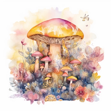 In this watercolor illustration, a mystical mushroom takes center stage, painted with vibrant hues and surrounded by delicate flowers and lush plants. The clipart design captures a magical scene, where fairies flit about in the air, their ethereal forms highlighted against a watercolor backdrop. The white background provides a stark contrast to the dominant yellow and pink color scheme, enhancing the enchanting atmosphere of the artwork. The intricate details of the flora and the playful presenc