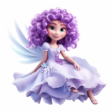 a beautiful smiling fairy sitting on a cloud, purple dress, big wings, full body image, pixar style, clipart, white background