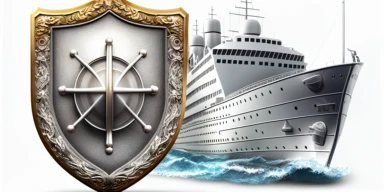 clipart, shield next to maritime ship, white background