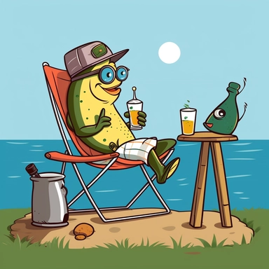 A cartoon fish relaxing and sitting on a camping chair with a beer bottle in hand and fishing rods next to him, digital art, clip art, childrens book style, funny,
