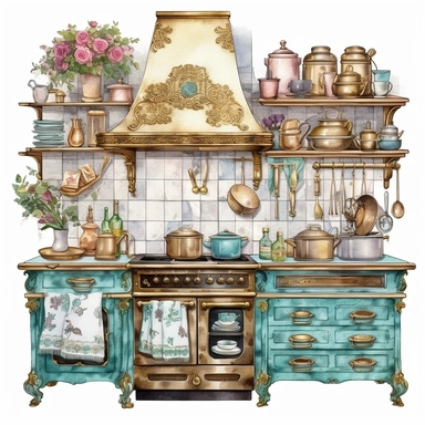 Make a clipart of a fairytale watercolor french country kitchen, rococo, dark, moody with bright pastel colors of turquoise and green, pink roses, gold accents, black outlines, hd, white background