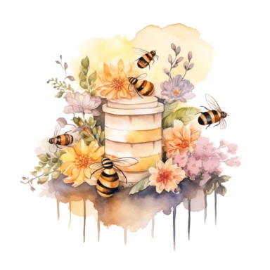 a watercolored clipart styled bee hive with bees flying around it and flowers sitting around it