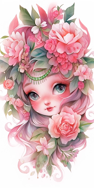 Watercolor beautiful wild roses fantasy forest fairy girl with beautiful face and big eyes with flowers, with smile, chibi kawaii animated style, vivid vibrant colors, intricate detail, hyper detailed, hyper quality, 32K, unreal engine, isolated on white background, kawaii, clipart