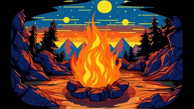 A vibrant clipart of a roaring campfire, flames dancing energetically, casting a warm glow on the surrounding area. The fire is composed of vivid shades of orange, red, and yellow, with flickering tongues of blue at the base. The wood crackles and pops, sending sparks into the night sky. The fire is contained within a stone ring, adorned with intricate carvings and symbols, enhancing the mystical aura. The scene is set in a dense forest, with towering trees forming a natural canopy overhead. Sof
