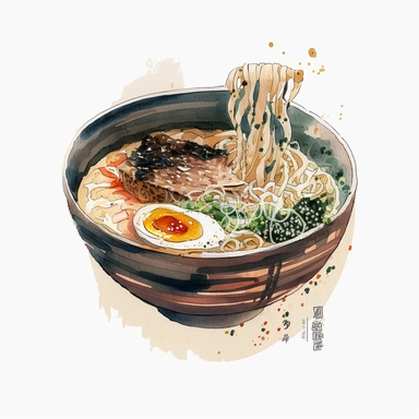 an bowl of japanese ramen, anime art, authentic ramen, watercolor, white background, clipart