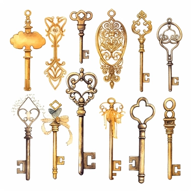 assorted gold keys inspired by Alice in wonderland watercolor illustration, design elements isolated on white background, vintage clip art - Image #4 <@1098423716465102849>