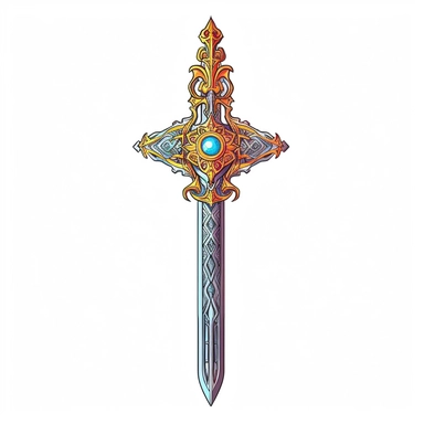 Create a mesmerizing clipart of a legendary sword against a pristine white background. The sword should be forged with exquisite craftsmanship, with an adorned hilt featuring intricate patterns and gemstones. Depict a radiant glow along the blade, hinting at its mythical powers.