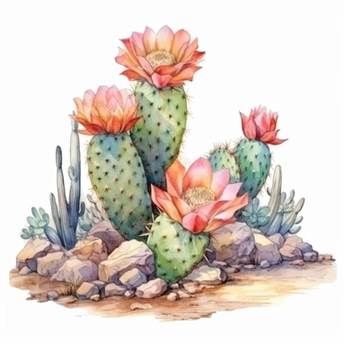 watercolor style, blooming cactus on the desert clipart, isolated on white background, hd