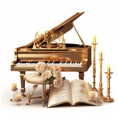 luxury gold piano with a seat, roses, music book and luxury candles digital clipart on white background