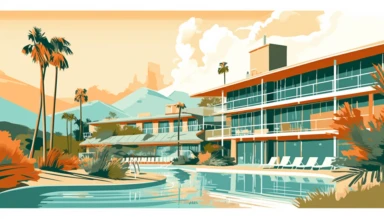 clipart illustration of Retro Bevely Hills Hotel 1960’s style with soft palette