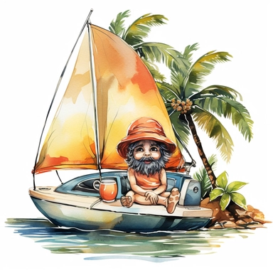 gnome sailor on yacht in Hawaii beach outfit, vibrant color, clipart, watercolor illustration, white background