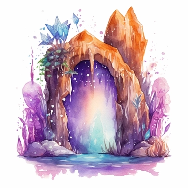 watercolor clipart of a magical mystical mythical cave, enchanted and mythical, sparkles, magical vibes, isolated on white background