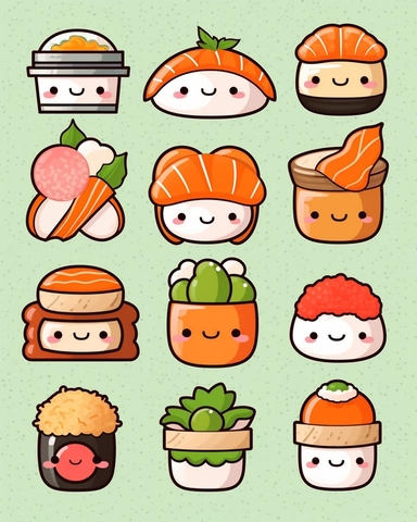 Realistic asain kawaii food, digital stamps vector Kawaii Sushi clipart set, Cute sushi clip art, Salmon nigiri, Onigiri, Maki, Ramen, Noodles, Sushi rolls, Japanese food cliparts, Printable Planner stickers, Vector graphics, line art, black and white
