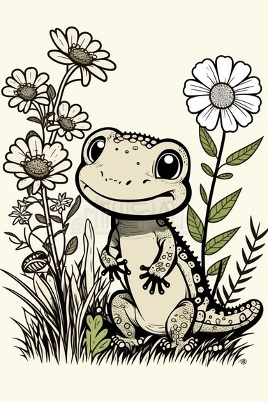 Cute and cute insect lizard, meadow with flowers and green leaves , black outline only, 4k, quality, detailed, clipart, clipart, sticker, cute, countryside landscape, smile, black outline only, cartoon illustration black and white high contrast happy cartoon, cartoon illustration of style, children's book illustration,