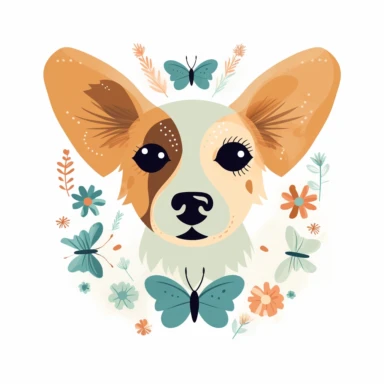 A cute dog clipart with a butterfly on its nose, in the style of Mary Blair, muted and pastel color palette, white background.