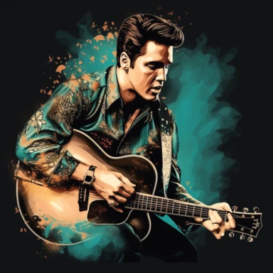 portrait view, full view, beautiful jewel colors, beautiful image of Elvis Presley with guitar and microphone, romantic, fantasy, sharp focus, high detail, 8k illustration clipart style, transparent background, (--iw 8)