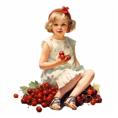 adorable little vintage girl sitting on a big bunch of glossy ripe cherries, face looking straight, full body, clipart style, accurate details, oil painting technique, super high quality, professional watercolor clipart, high resolution
